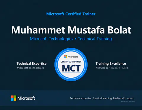Muhammet Mustafa Bolat’ın Microsoft Certified Trainer (MCT) yetkinlik görseli. Görselde Microsoft teknolojileri ve teknik eğitim alanları yazıyor.