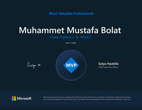 Muhammet Mustafa Bolat adına düzenlenmiş Microsoft Most Valuable Professional (MVP) belgesi. Alanlar: Data Platform ve M365. Tarih: 15 Temmuz 2026.